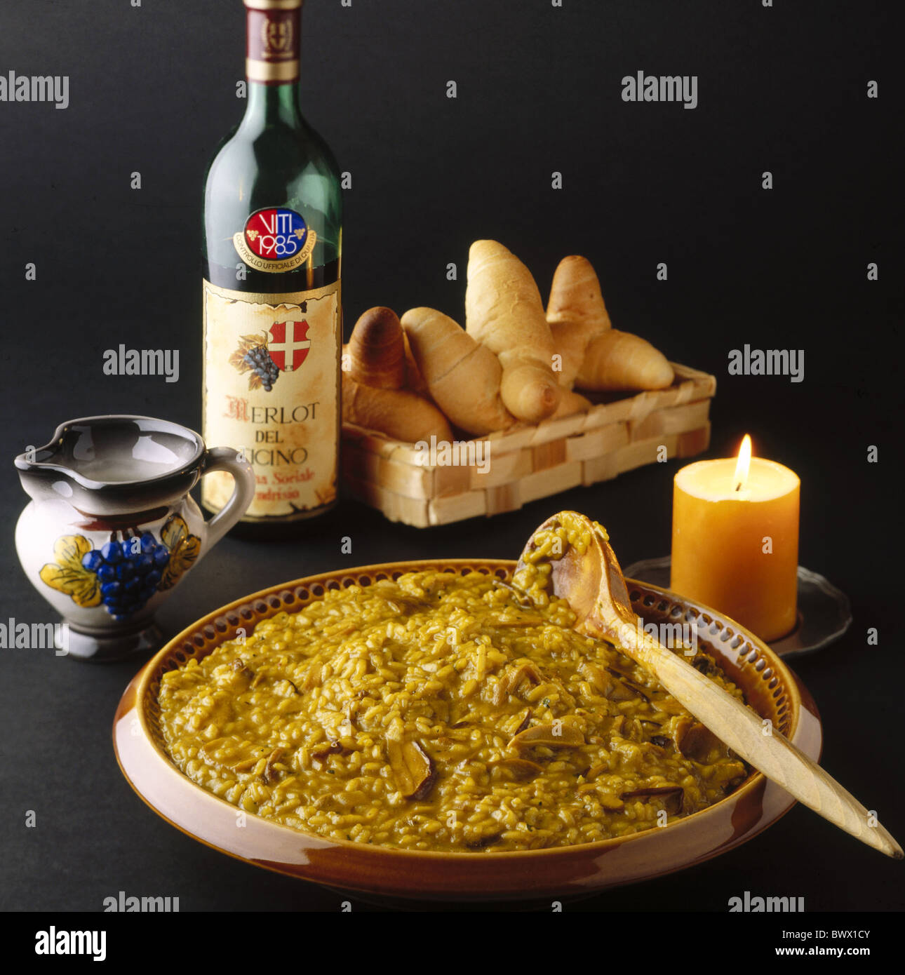 candle risotto Ticino Switzerland Europe wine Merlot del Ticino Stock