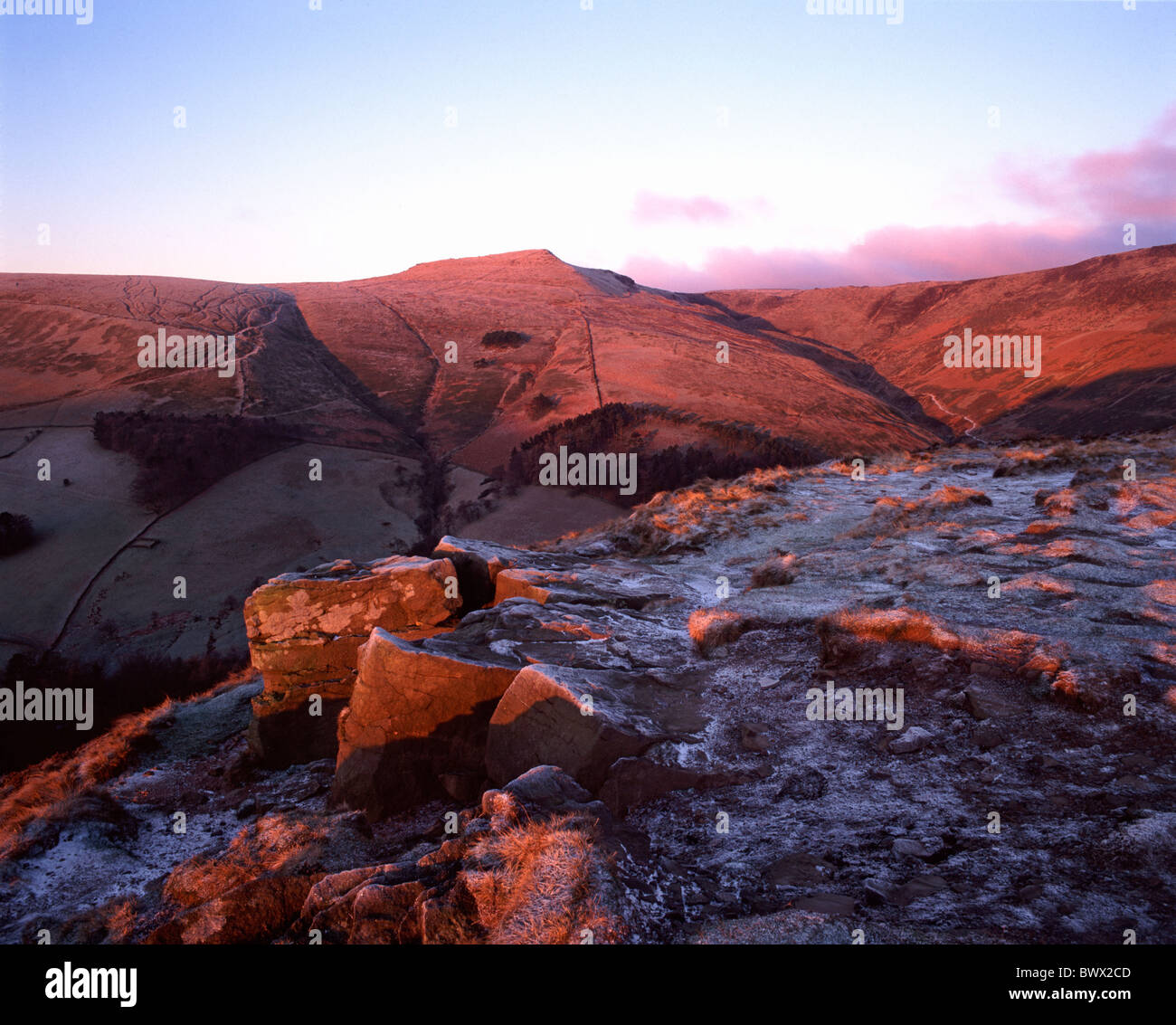 Kinder Scout at first light from the Nab, Peak District National Park, Derbyshire, England. Stock Photo