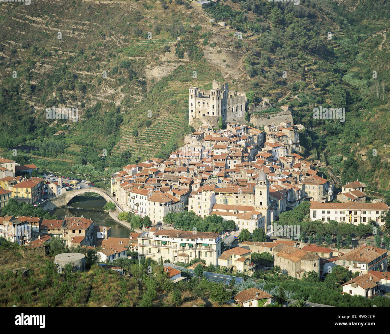village Aqua Dolce river flow houses homes Italy Europe Riviera ruins ...