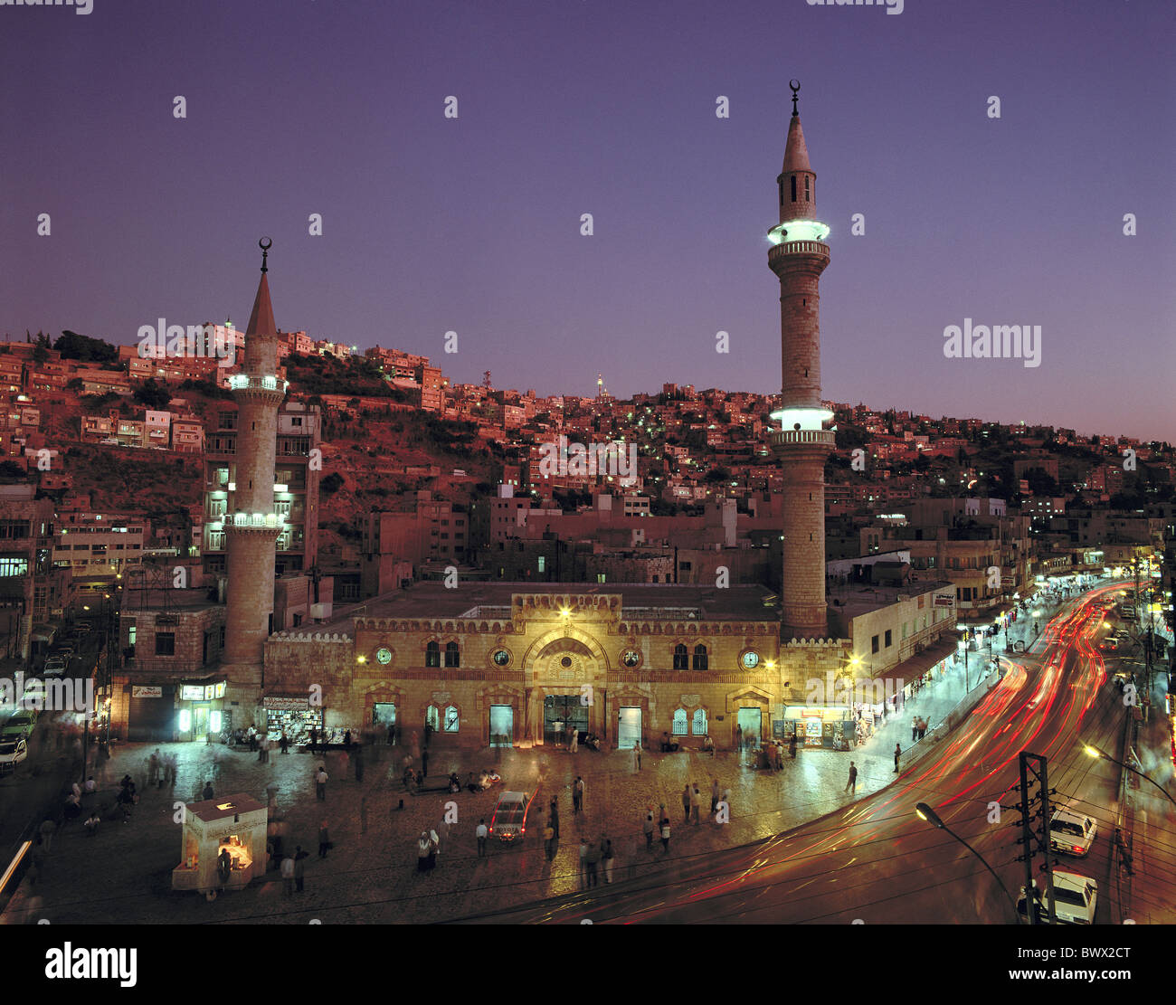 Amman Downtown Jordan Middle East king Hussein mosque at night overview ...