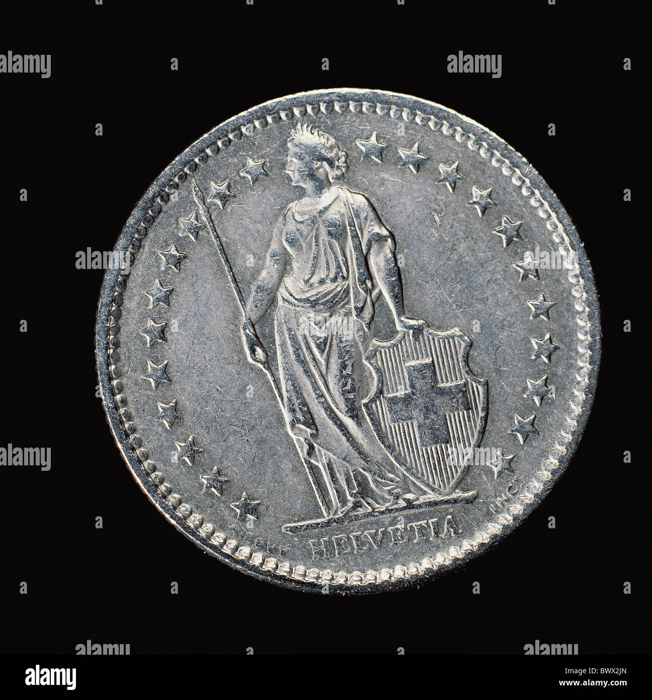 bank coin Switzerland Europe 2-franc Helvetia head Stock Photo - Alamy