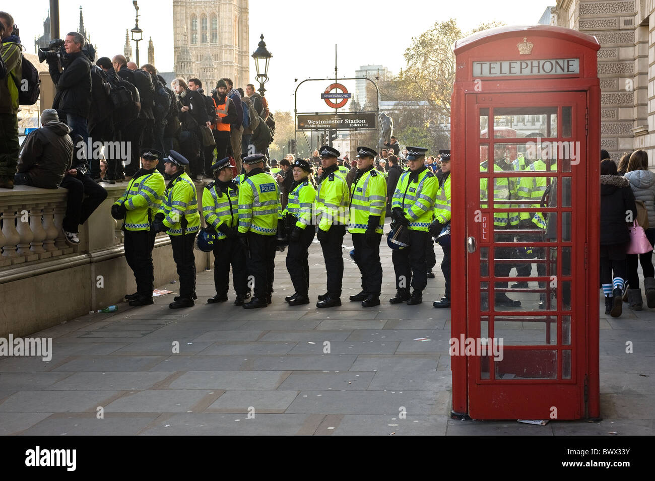 A line of Metropolitan Police Officers kettling at a demonstration in