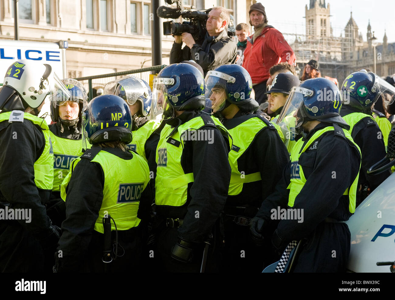 A line of Metropolitan Police Officers kettling at a demonstration in