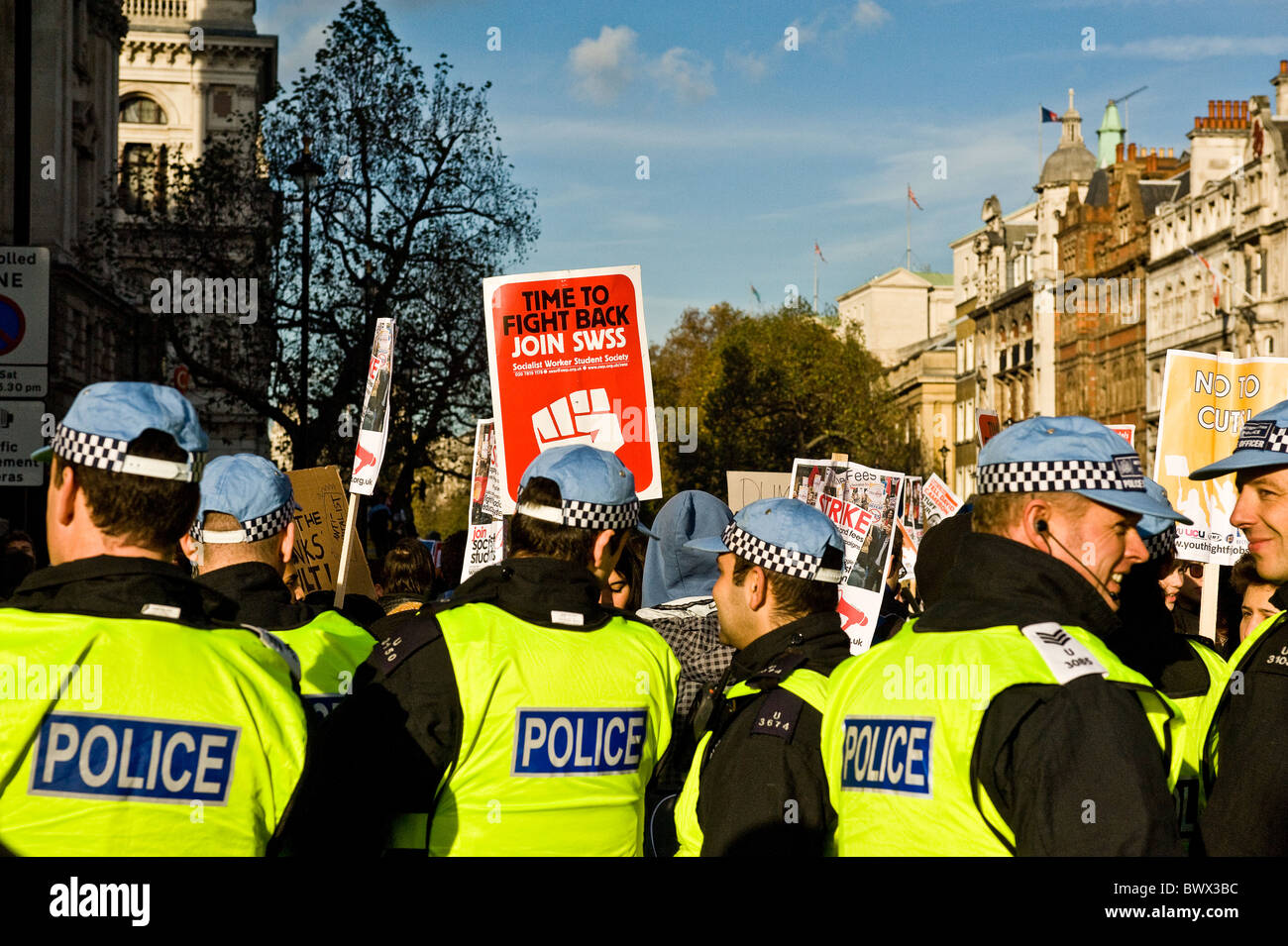 A line of Metropolitan Police Officers kettling at a demonstration in