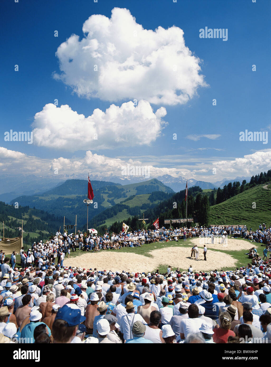 tradition folklore battlefields Rigi Switzerland Europe Swiss wrestling swings sport overview Stock Photo