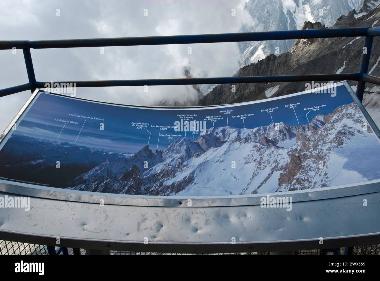 Peaks map Panorama photoguide  Helbronner, French Italian border.   massif du Mont Blanc. Stock Photo