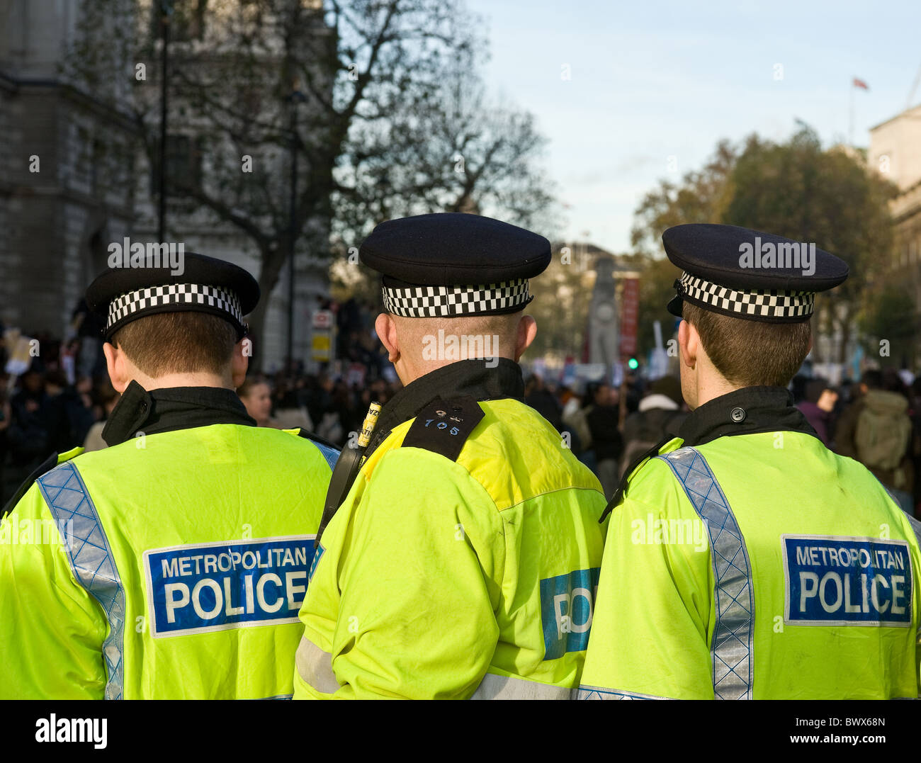 A line of Metropolitan Police Officers kettling at a demonstration in