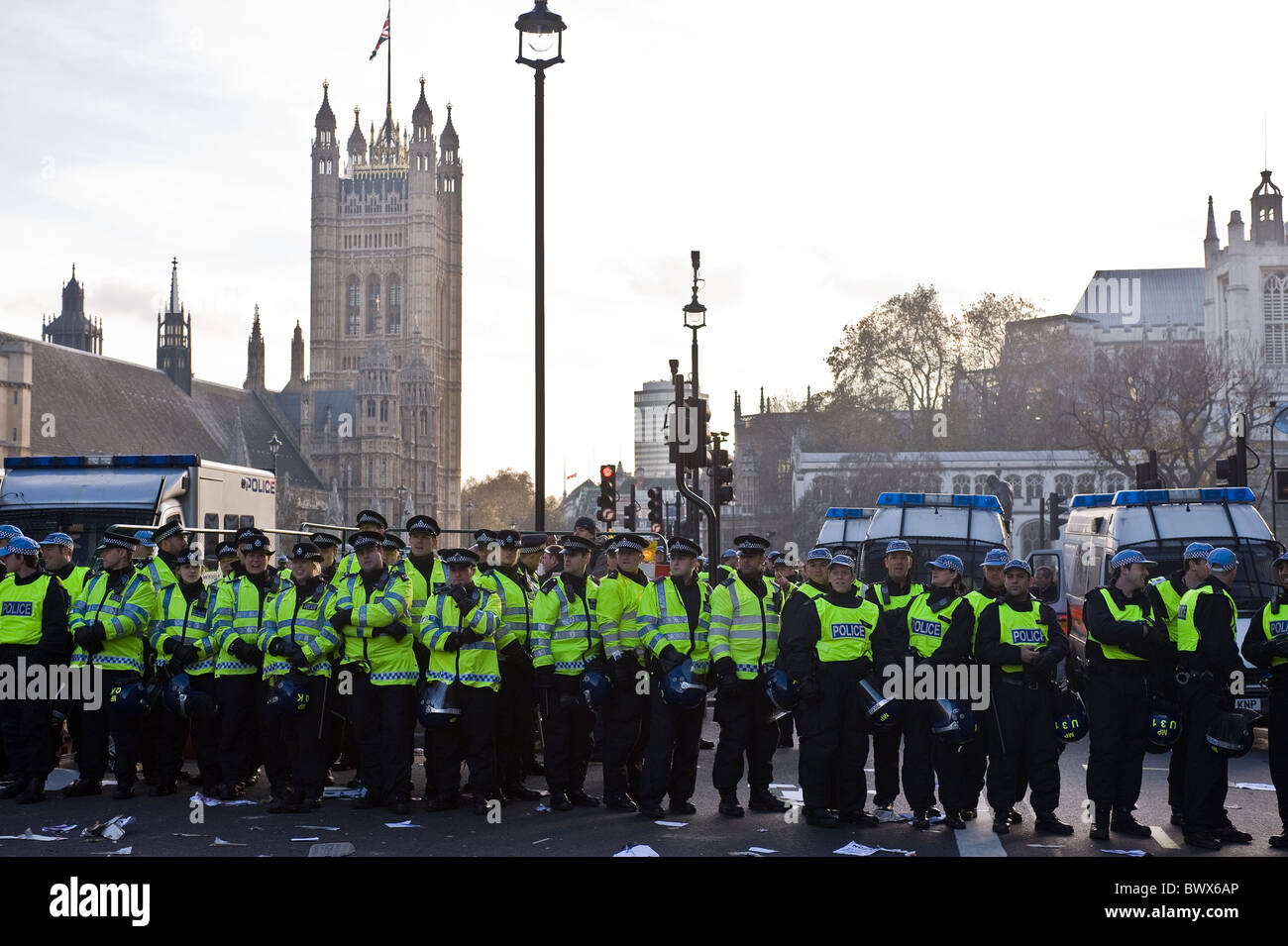 A line of Metropolitan Police Officers kettling at a demonstration in