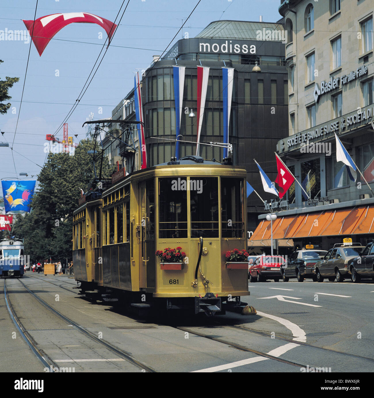 tram streetcar streetcar Switzerland Europe town city Zurich golden Sechser Stock Photo