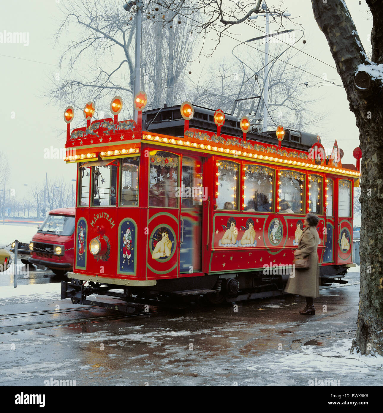 tram streetcar streetcar Switzerland Europe town city Zurich Marlitram  winter yule tide Stock Photo - Alamy