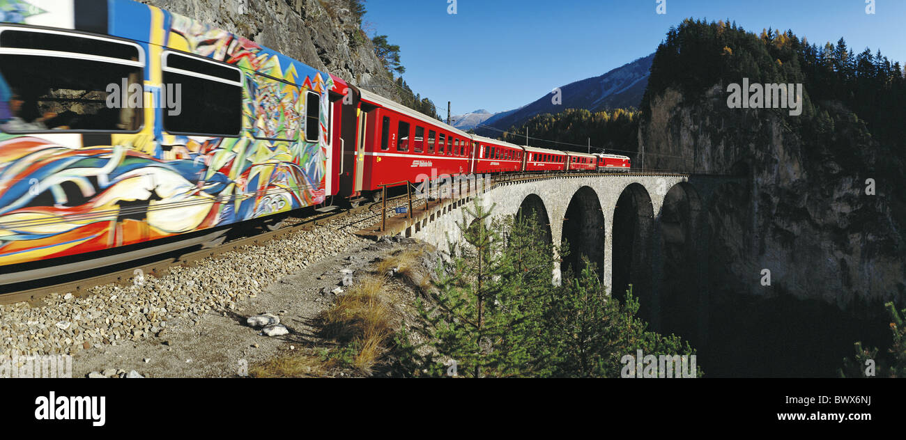 railway Glacier express train graffiti car carriage Landwasser viaduct  mountains alpine Alps Switzerland Stock Photo - Alamy
