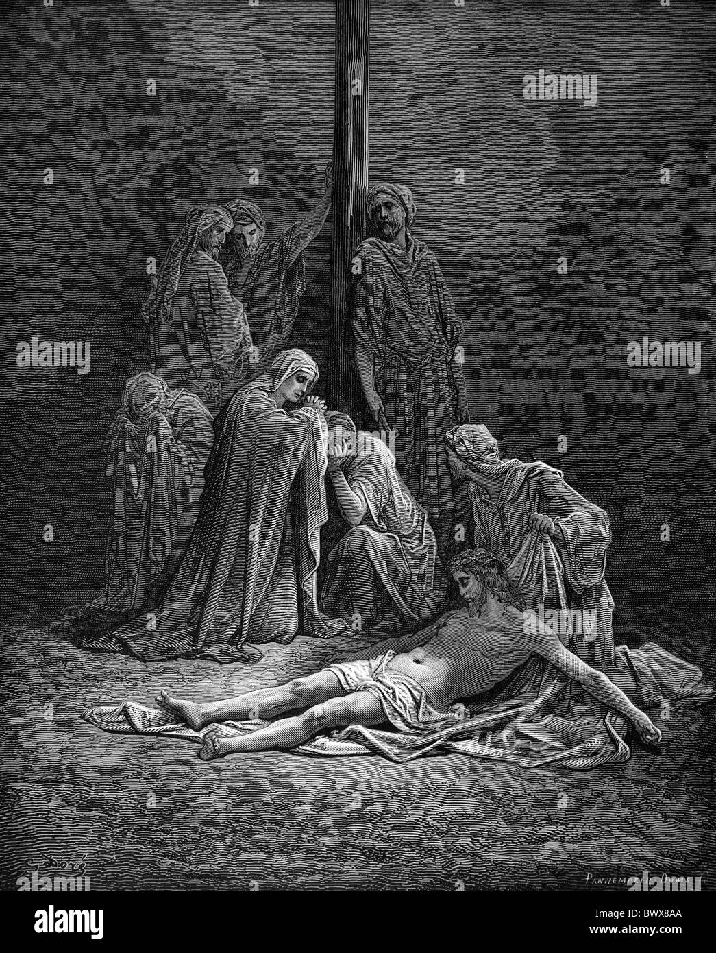 Gustave Doré; The Deposition of Jesus from the Cross; Black and White Engraving Stock Photo