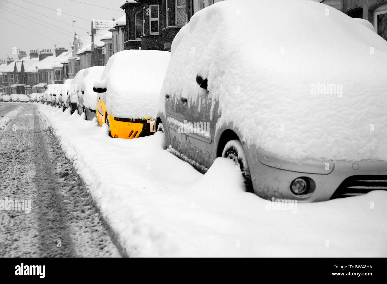 Snowy roads in Gillingham Stock Photo