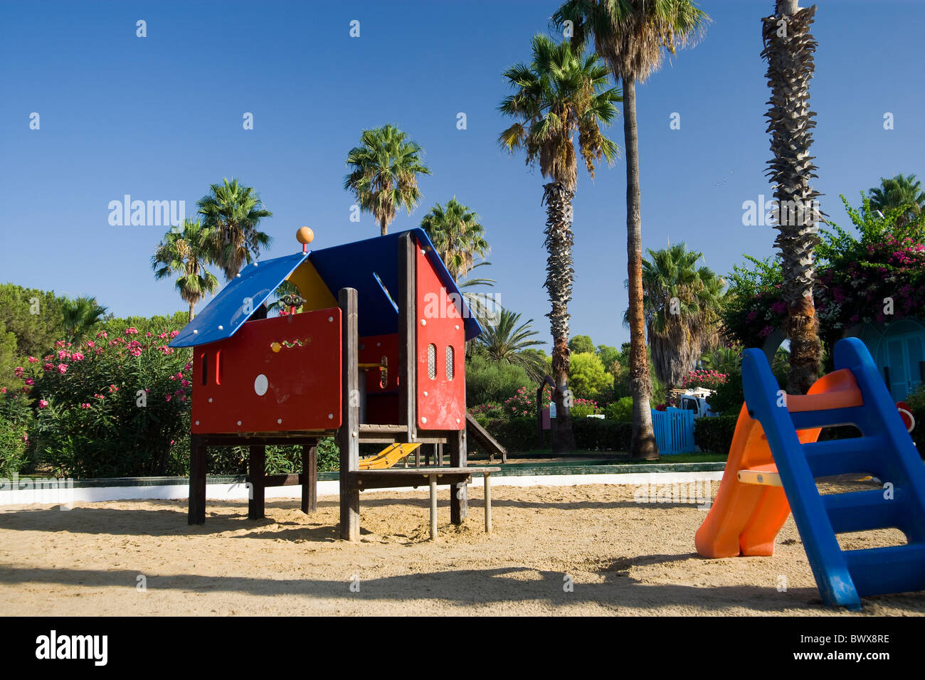 children's playground with palm trees and bougainvillea flowers Stock