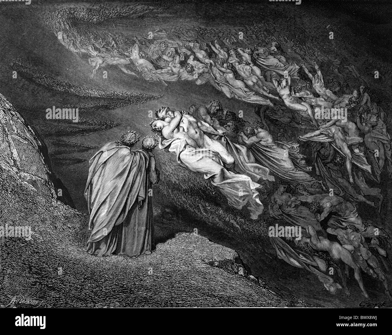 Gustave Doré; Dante and Virgil meet Paolo and Fransesca in the second circle of hell from Dante Alighieri's Divine Comedy Stock Photo