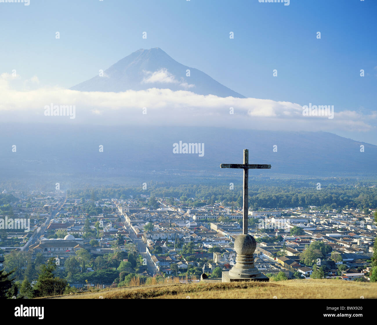Antigua Caribbean vantage point mountain South America Guatemala cross overview clouds weather Stock Photo