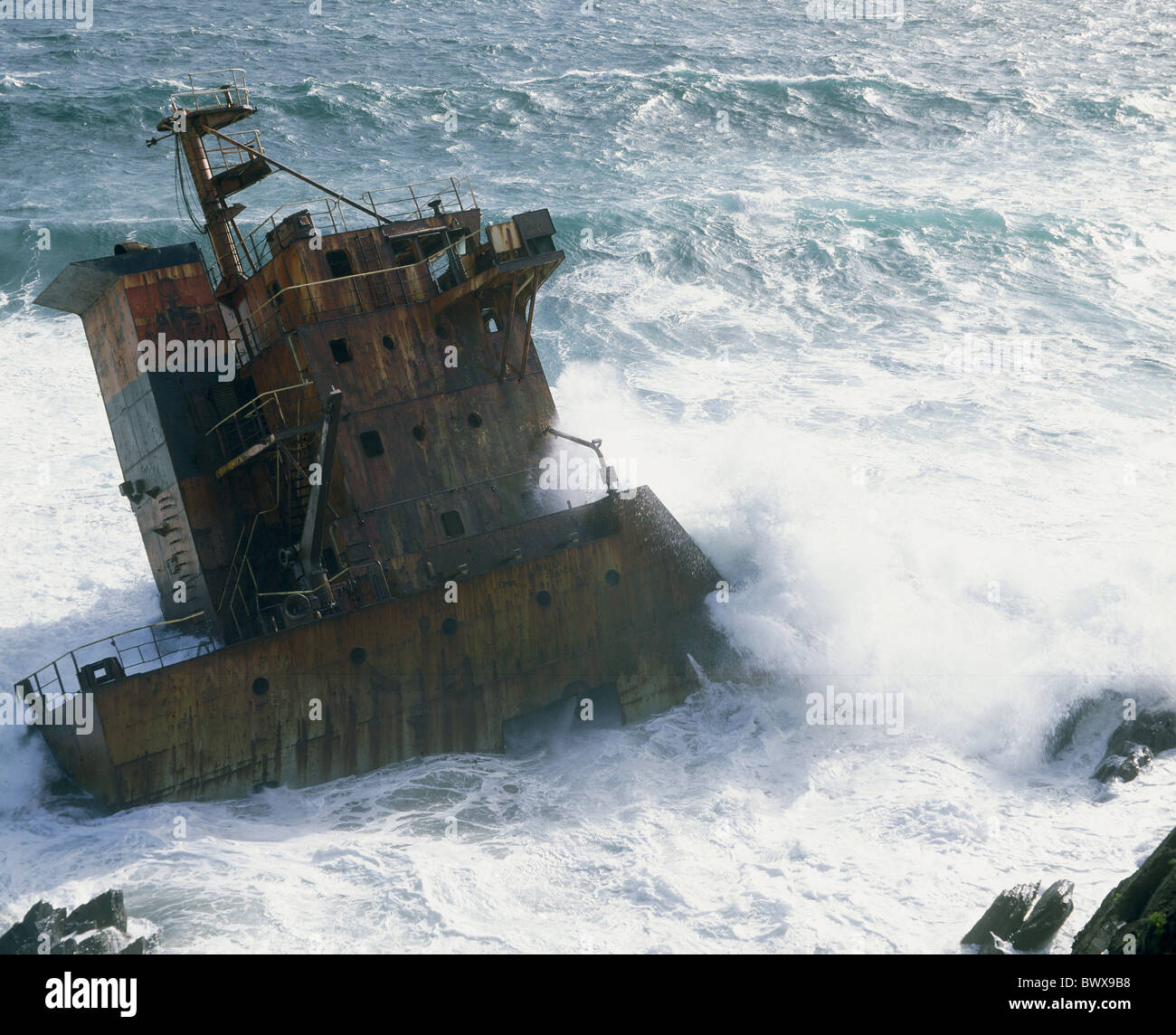 accident casualty shipping ship wreck surf waves sea Ireland Europe ship wreck Stock Photo