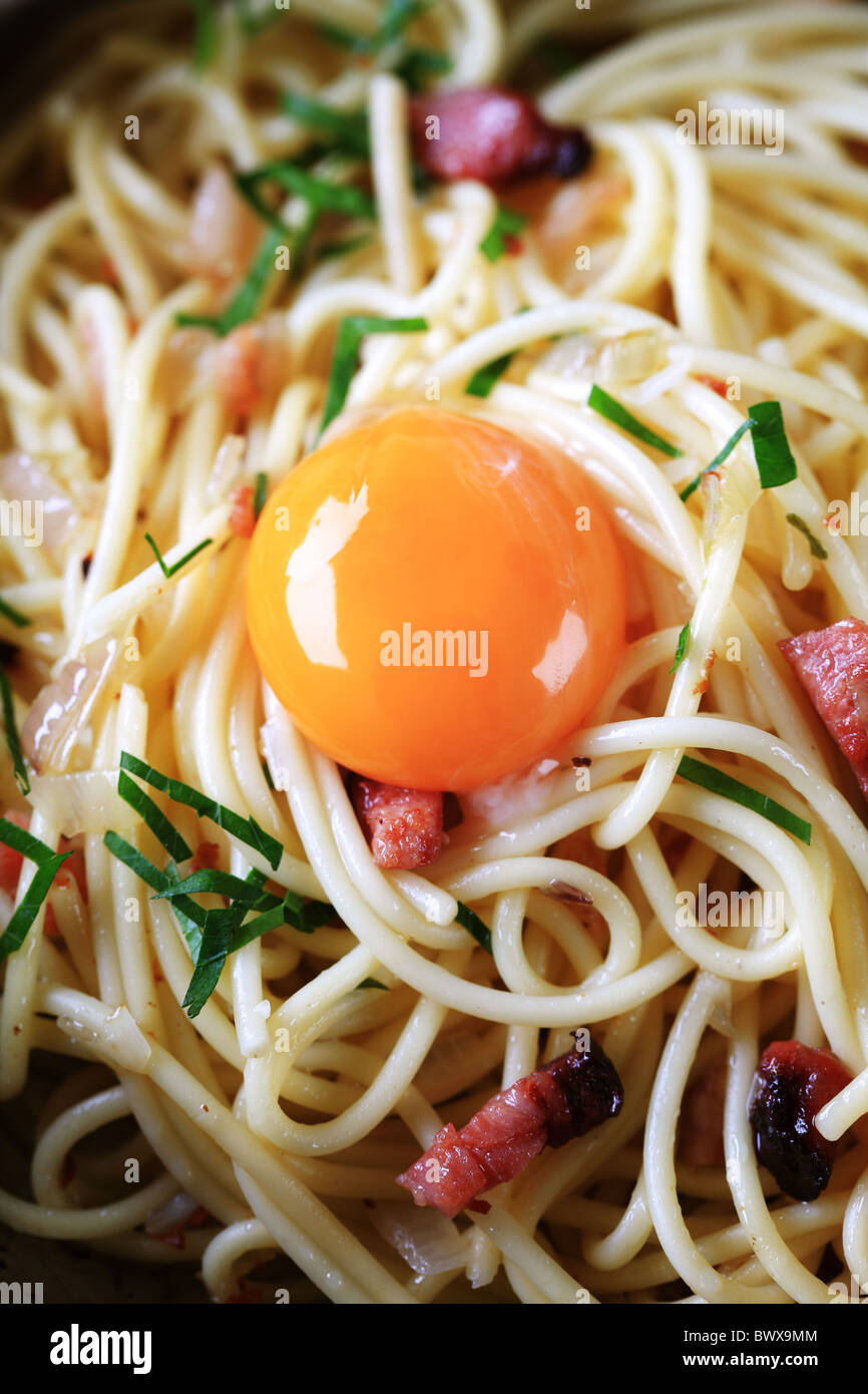 Detail of spaghetti alla carbonara Stock Photo