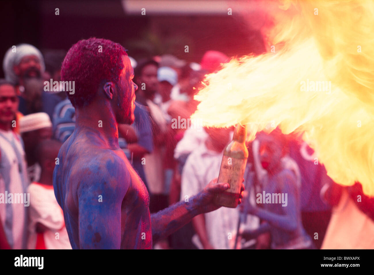 Carnival, Blue Devil, Woodford Square,Trinidad,Traditional mas, blowing fire. Stock Photo