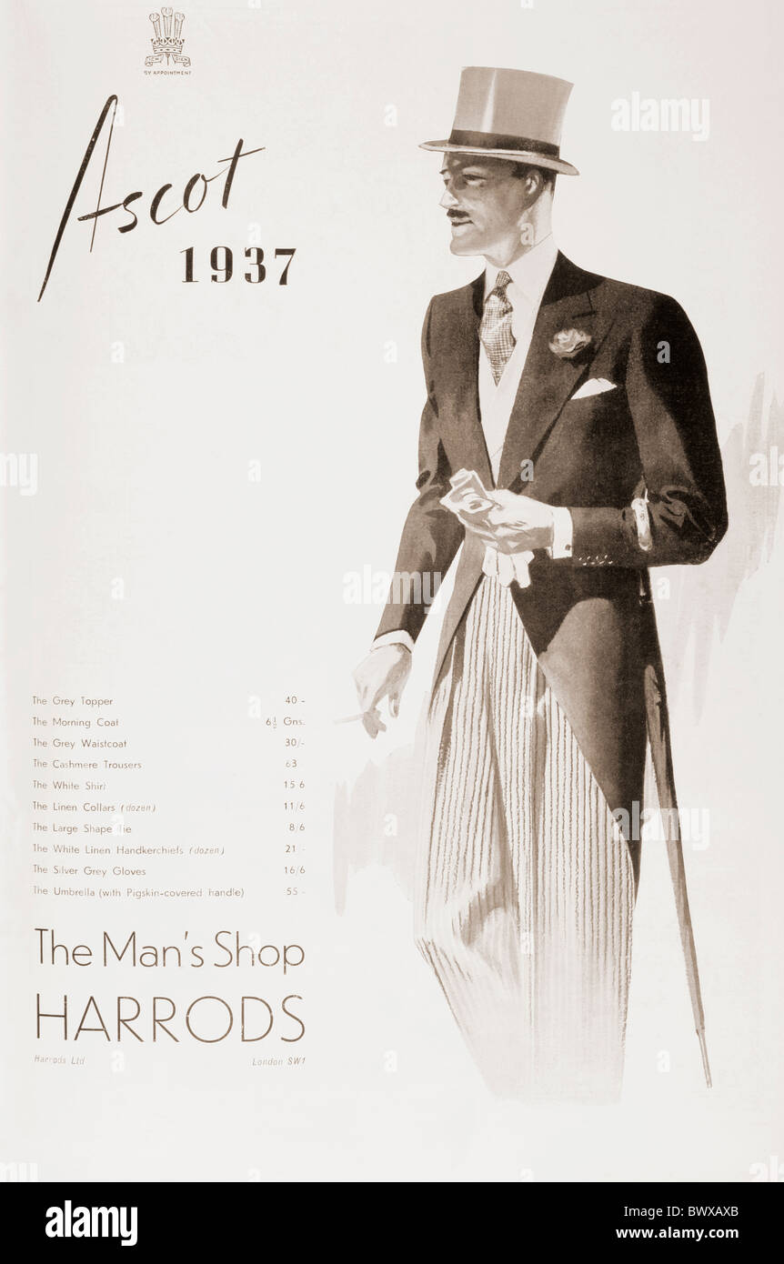 A 1937 advertisement for The Man's Shop Harrods ,showing a gentleman in top hat and tails ready to visit Ascot. Stock Photo