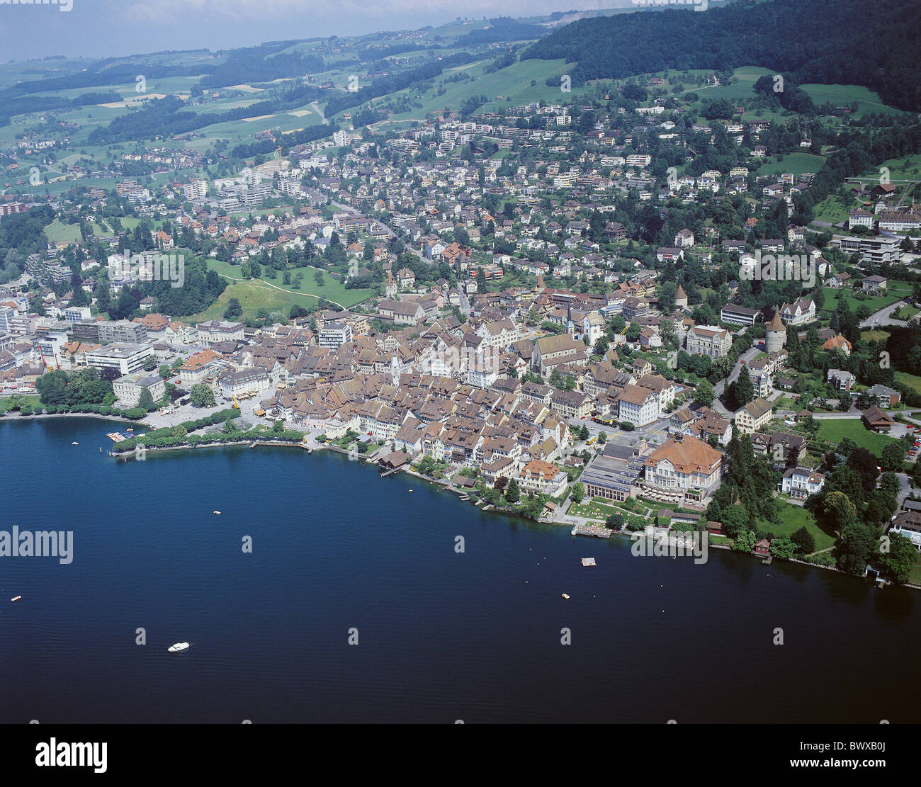 Switzerland Europe canton Zug Zug overview aerial photo lake Zug lake