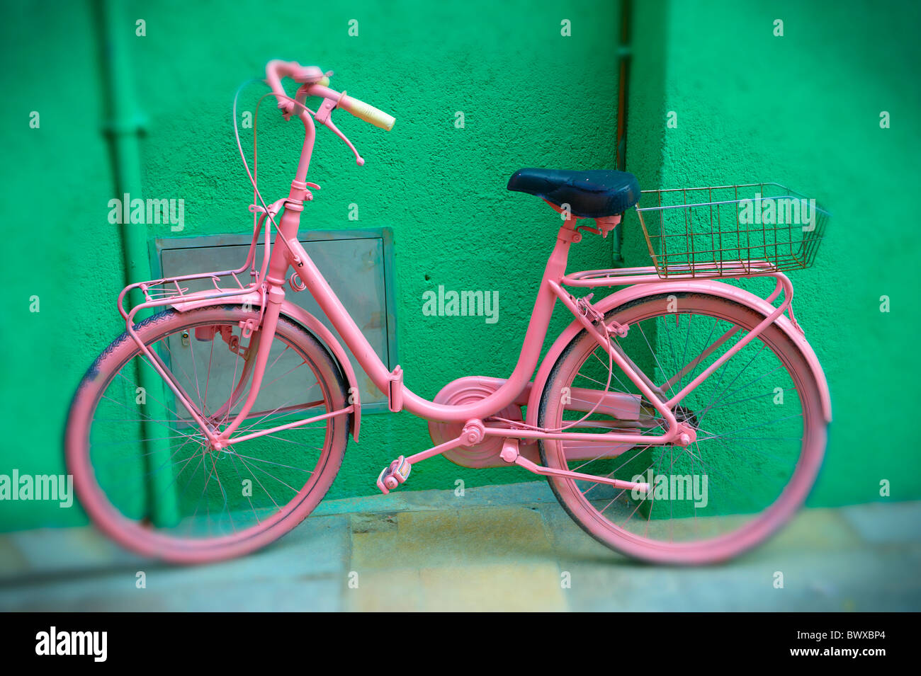 Pink Bike, Burano, Venice Stock Photo