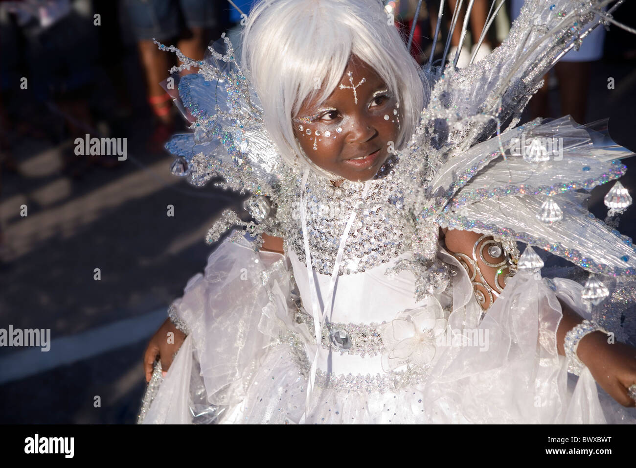 Junior Carnival; Girl in white Individual; Band 'Wonders of the World' Gerard Kelly; Trinidad 2007 Stock Photo