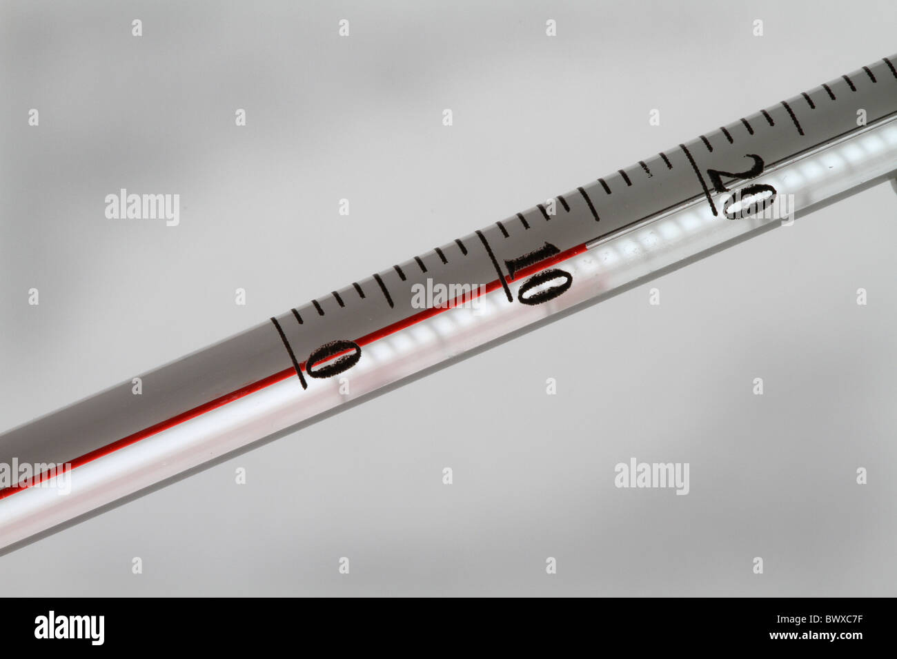 Detail of spirit thermometer as used for many none critical temperature indication roles. Stock Photo