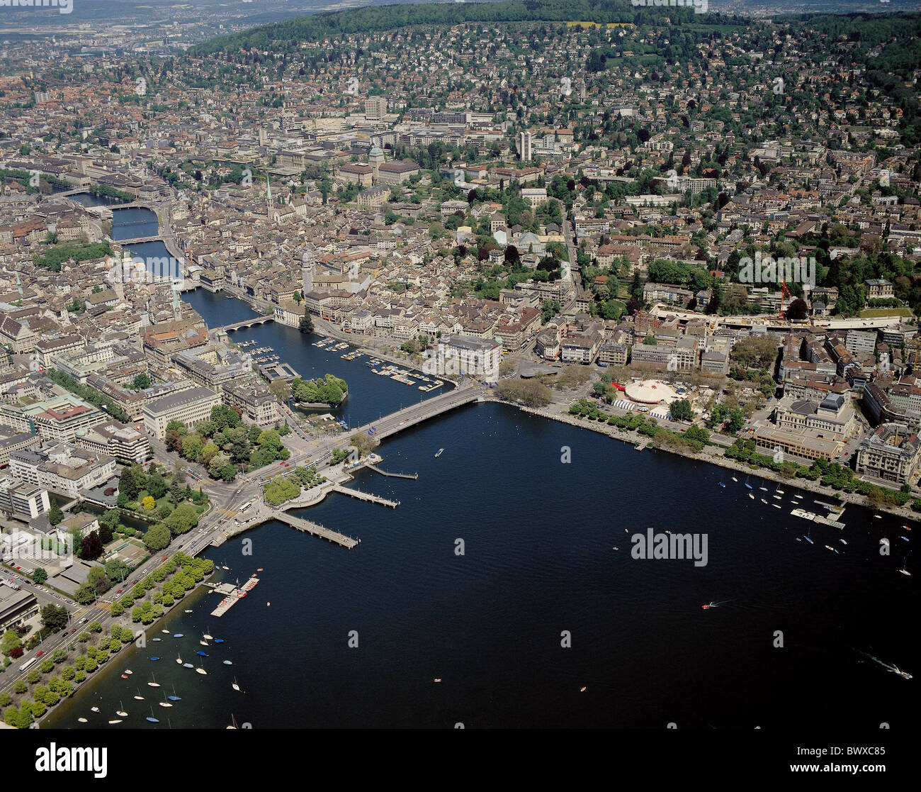 Switzerland Europe Zurich Zurich overview aerial photo center lake sea ...