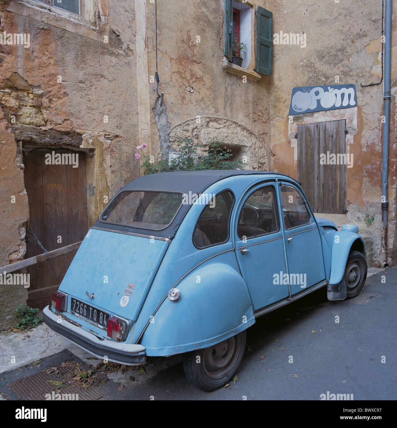 car automobile passenger car Citroen 2CV duck blue lane France Europe Provence Roussillon Stock Photo