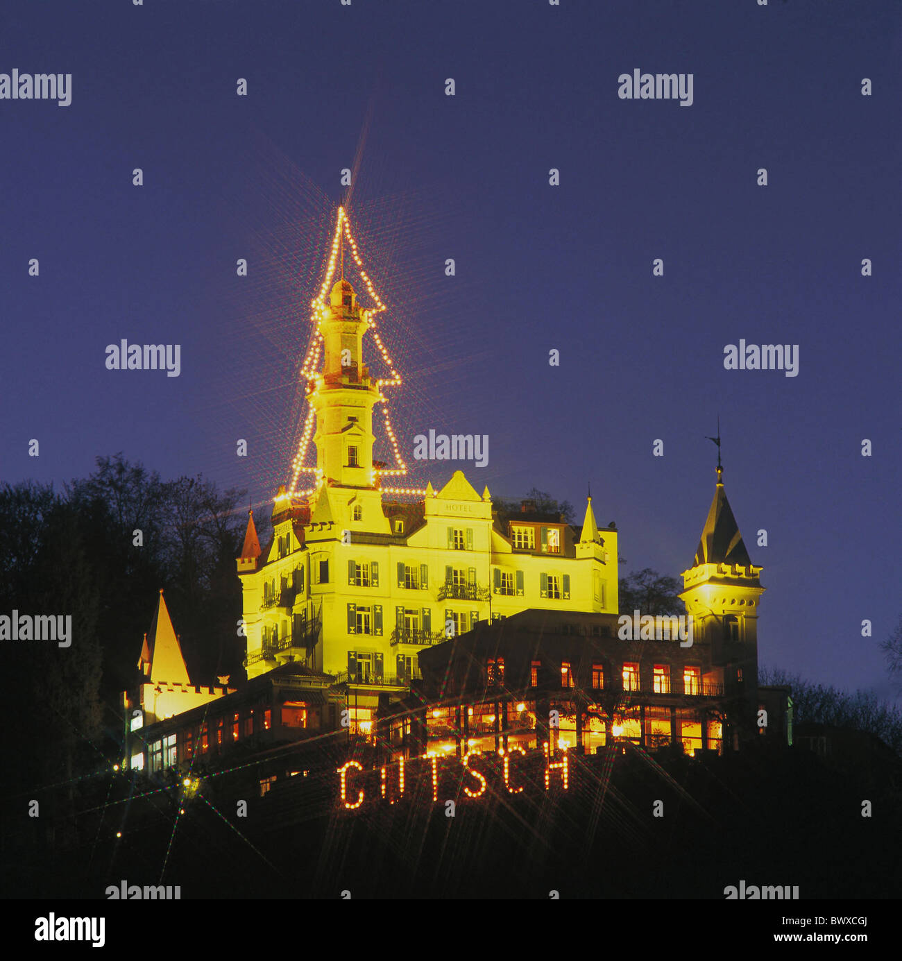 lighting hotel Gutsch canton Lucerne at night Switzerland Europe winter Stock Photo