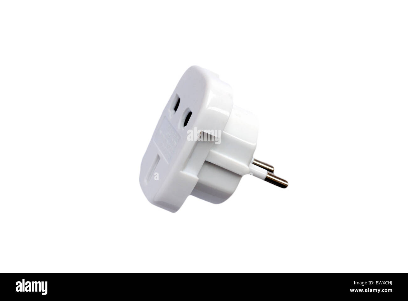 UK to European 3 Pin to 2 Pin Travel Adaptor on White Background Stock Photo