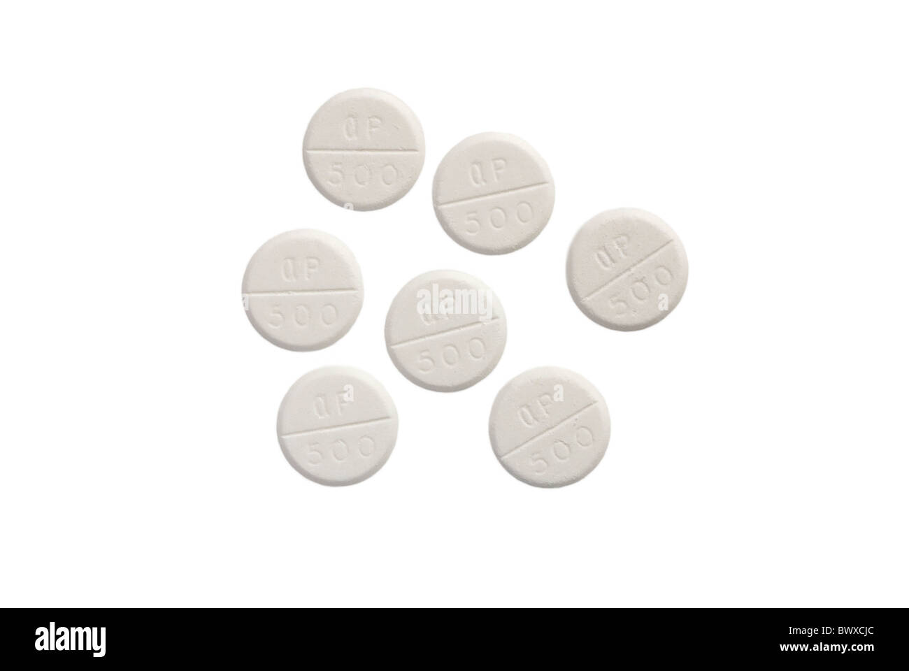 White Paracetomol Pills on White Background Stock Photo