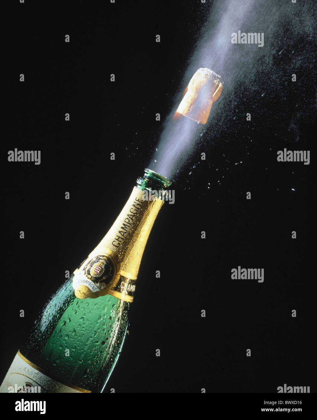 champagne bottle flying plug drinks studio shot Stock Photo Alamy