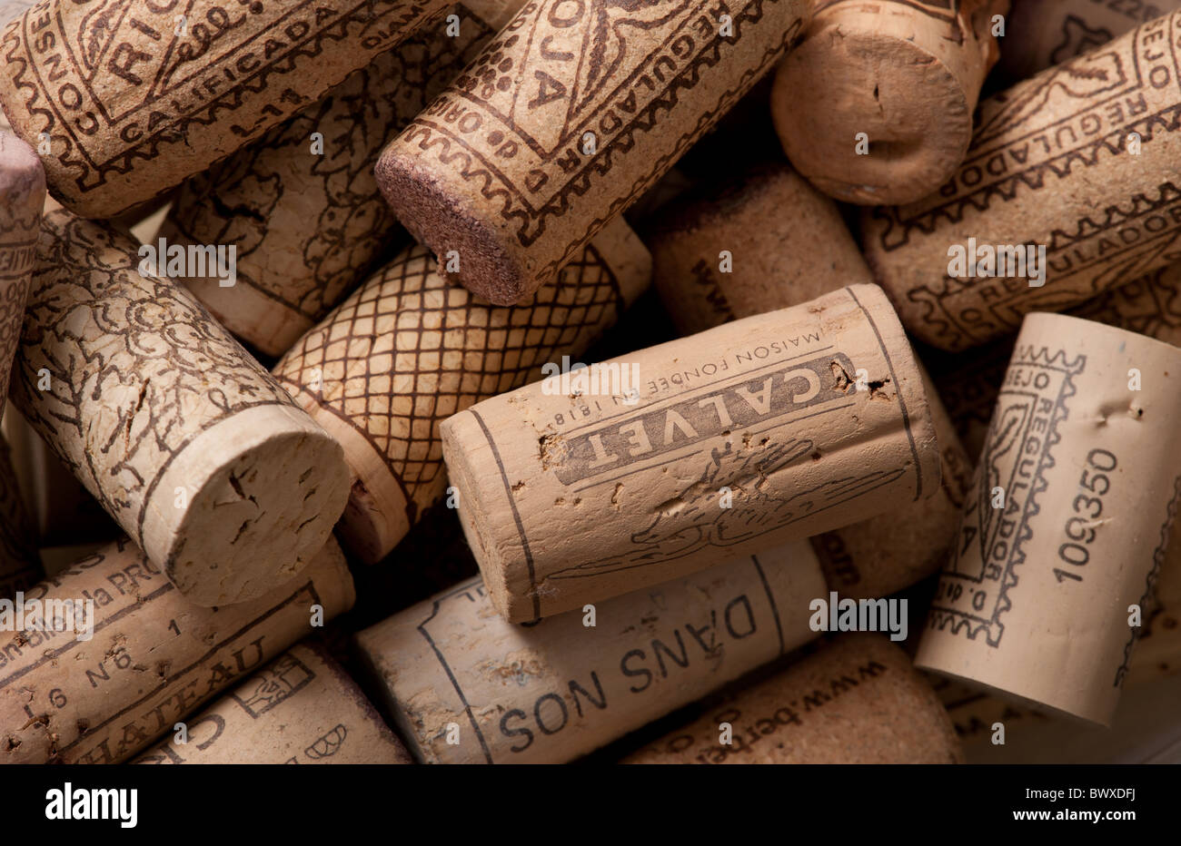 A collection of used wine corks Stock Photo