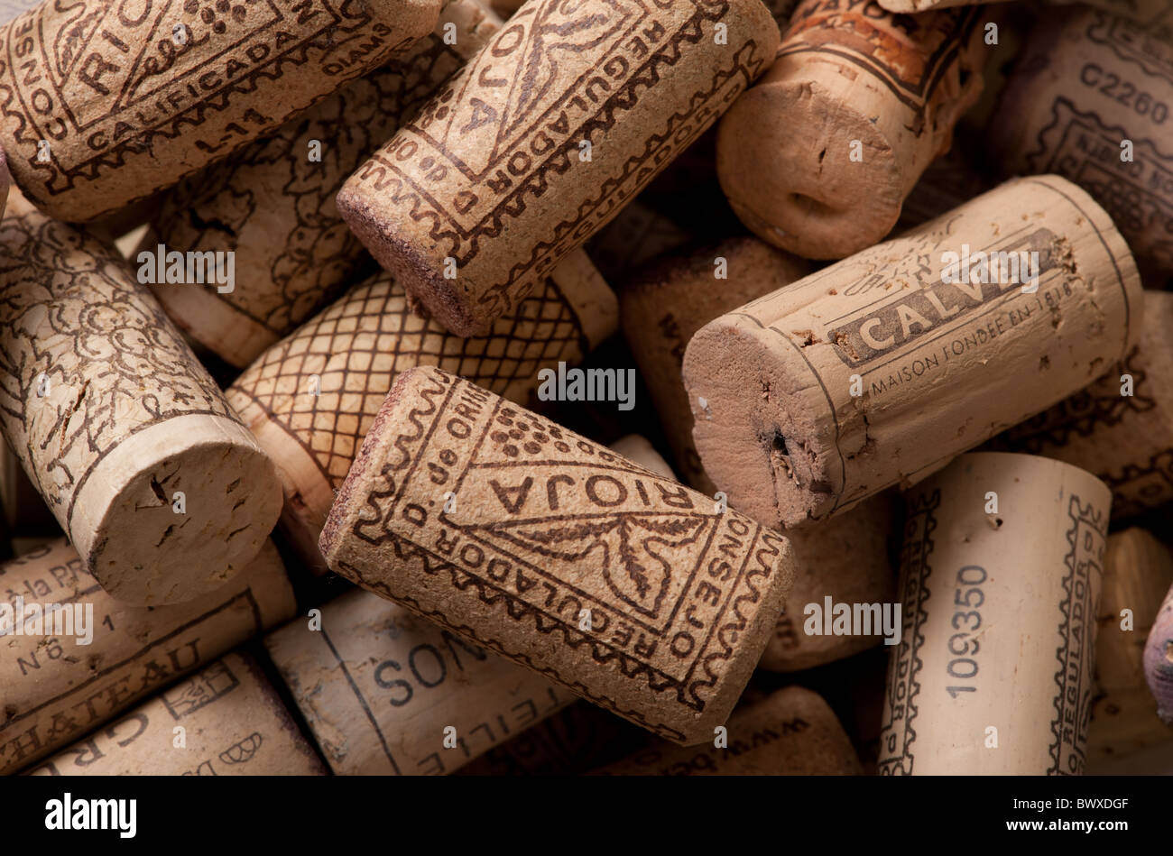 A collection of used wine corks Stock Photo