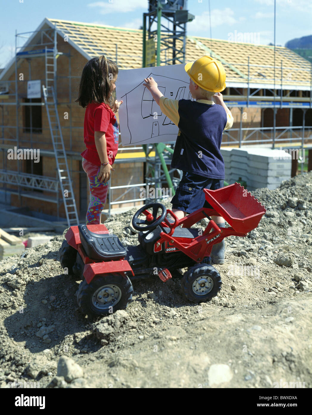 construction building site house construction child drawing plan play