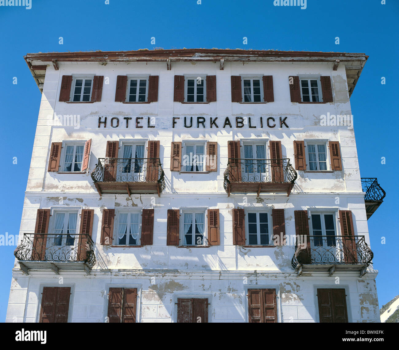 hotel Furkablick Furka Pass Switzerland Europe house facade Furka building construction Alps Stock Photo