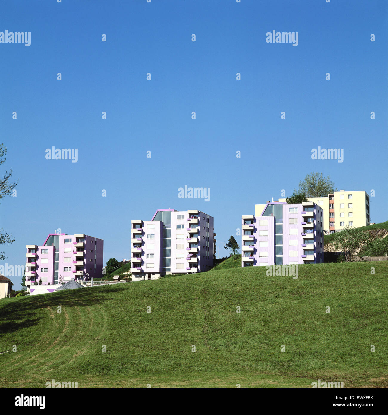 facade Le Locle apartment houses Neuenburg Switzerland Europe violet