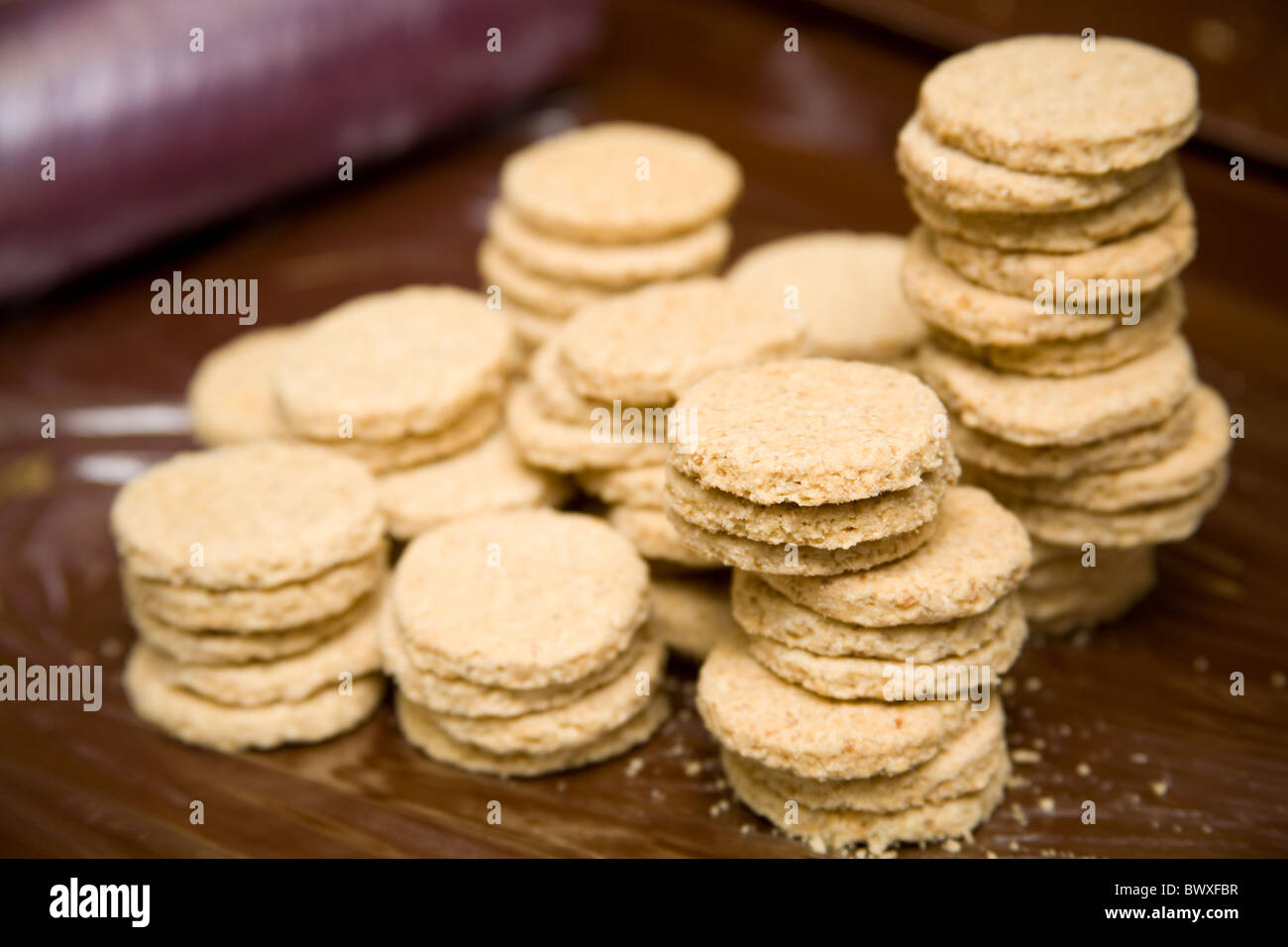 Stacks of home made oatcakes. Stock Photo