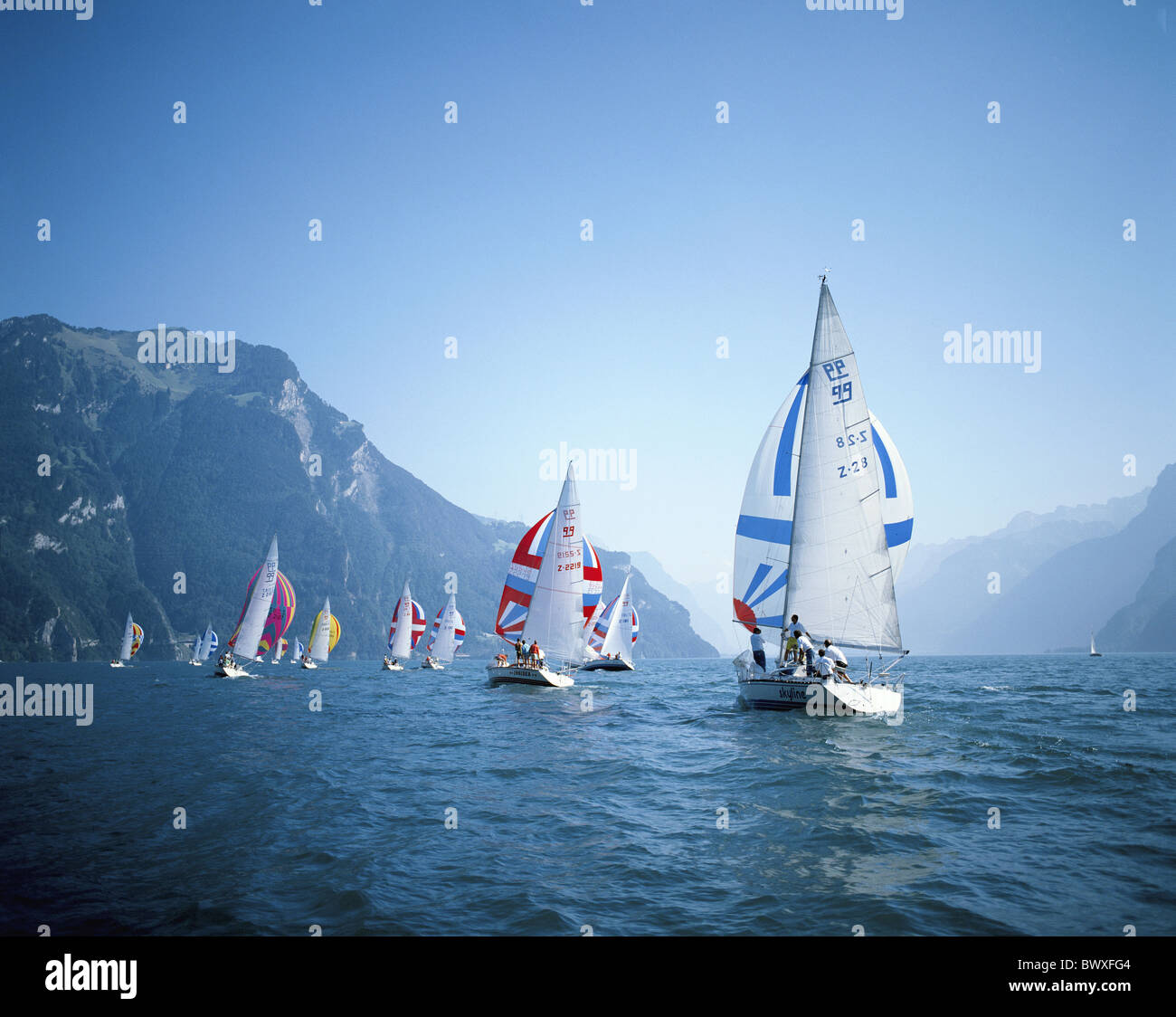 regatta sail boats sport lake Uri lake sea Switzerland Europe Vierwaldstattersee lake Lucerne lake sea b Stock Photo