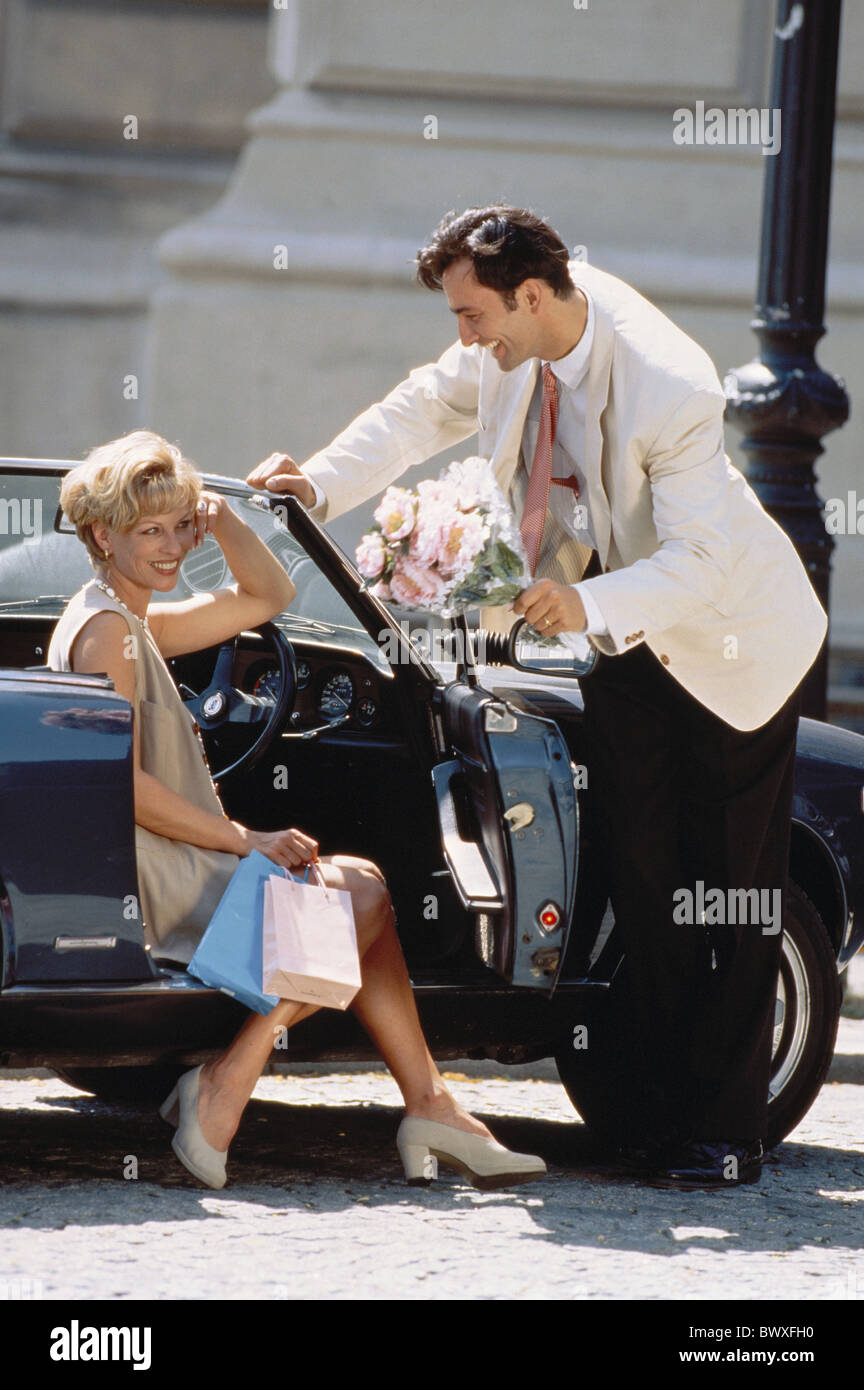 Outside Car Door Flowers Elegant Laugh Man Opening Pair Couple