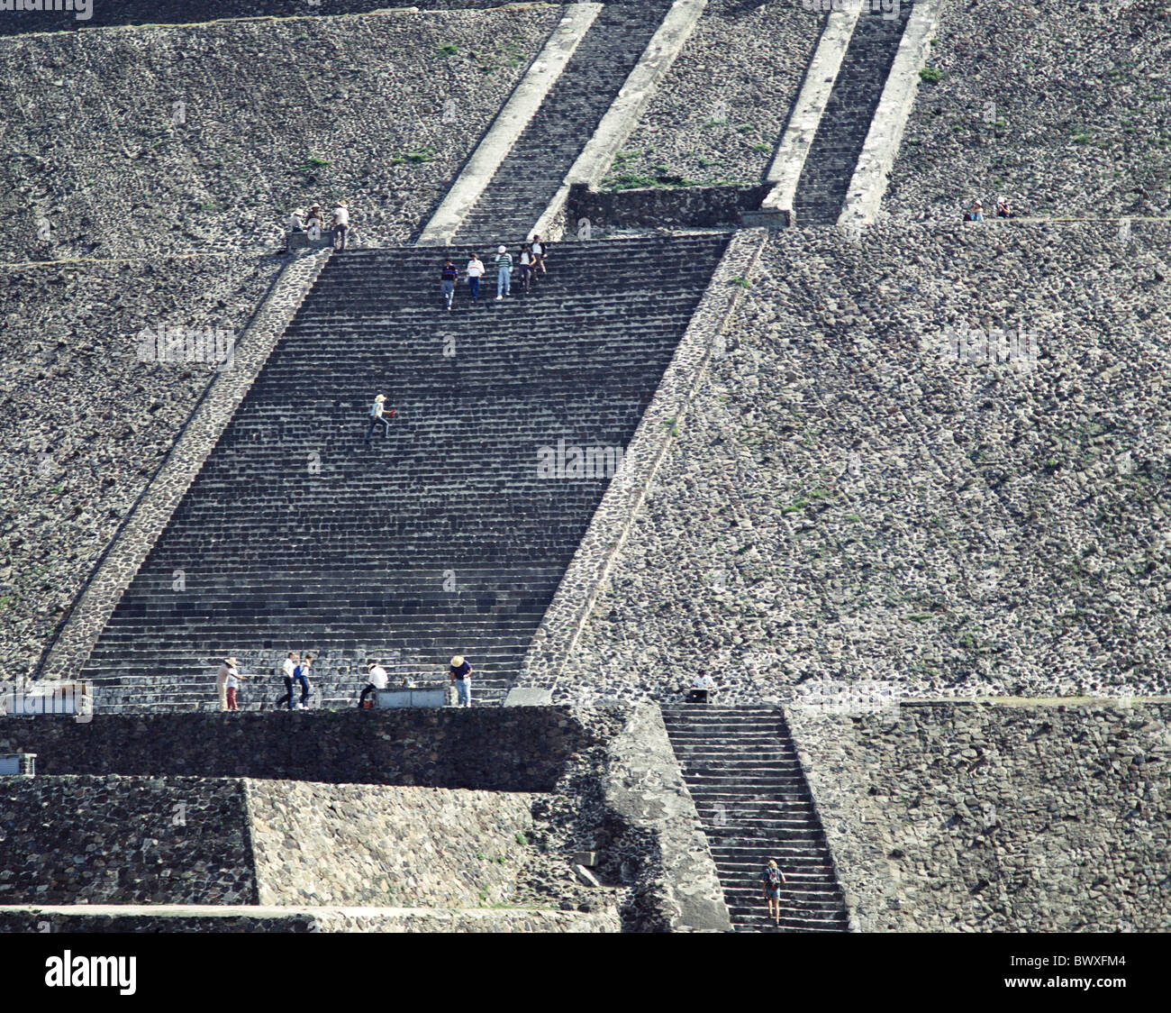 Aztecs ruins culture Mexico Central America Latin America persons suns pyramid Teotihuacan stair Stock Photo