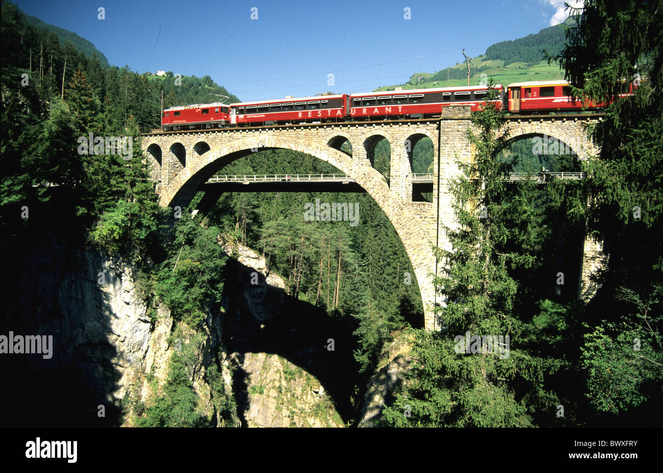 railway bridges Graubunden Grisons Punt there Solas RhB gulch Switzerland Europe Solis station Stock Photo