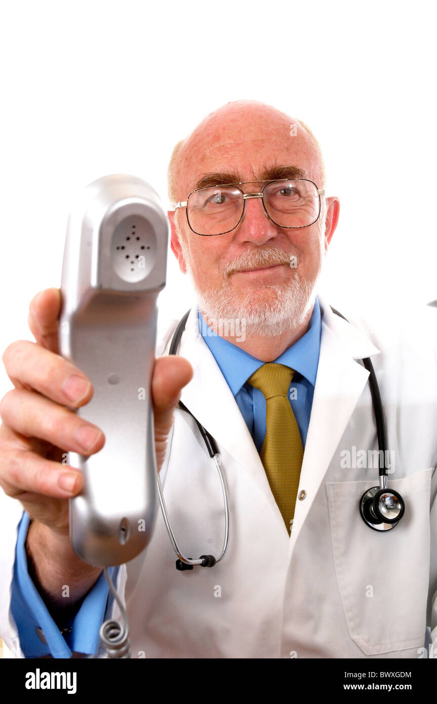 Doctor holding telephone Stock Photo
