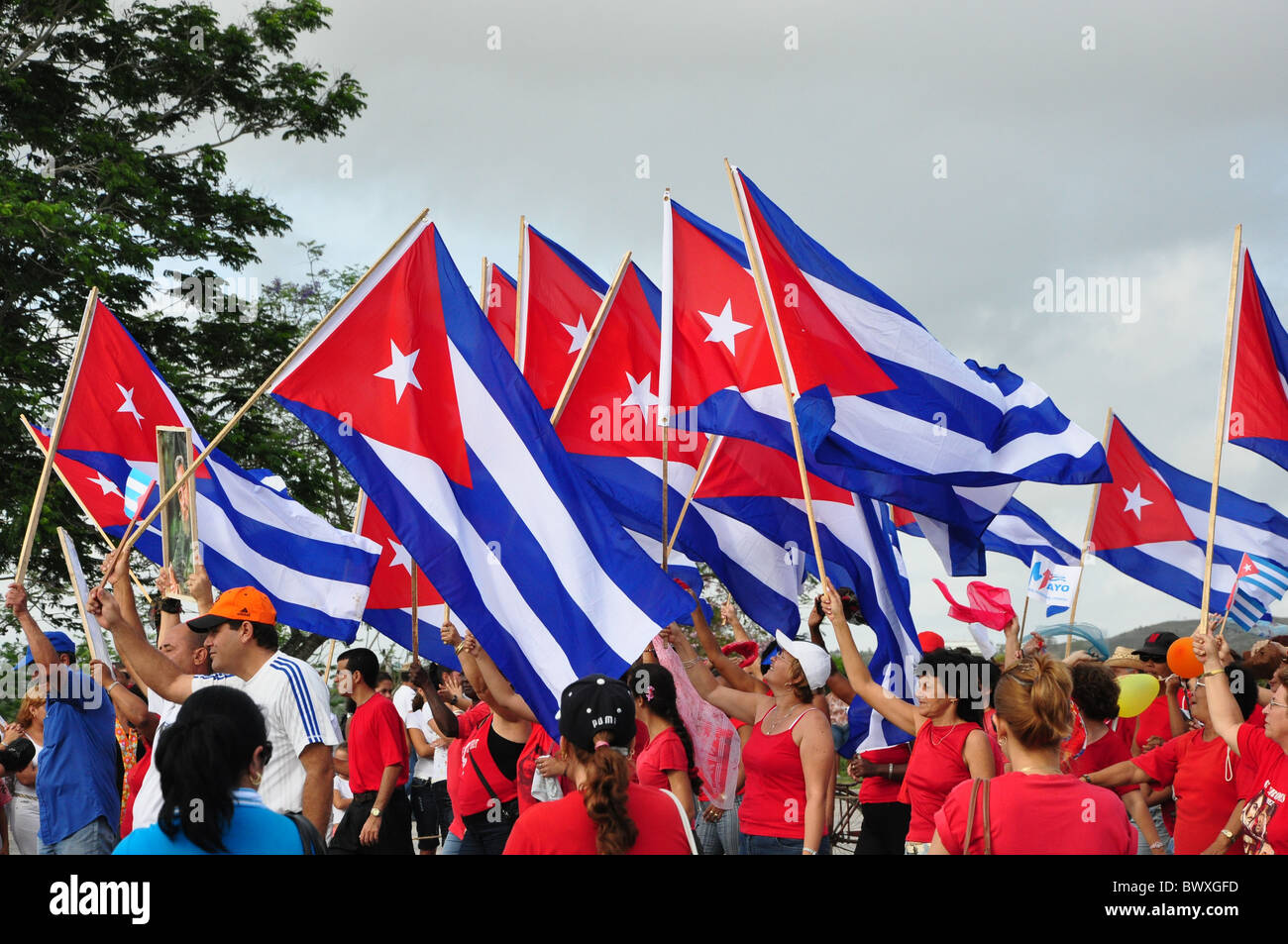 Cuban flags waving at the celebrations of 50 years since the Cuban Revolution Stock Photo
