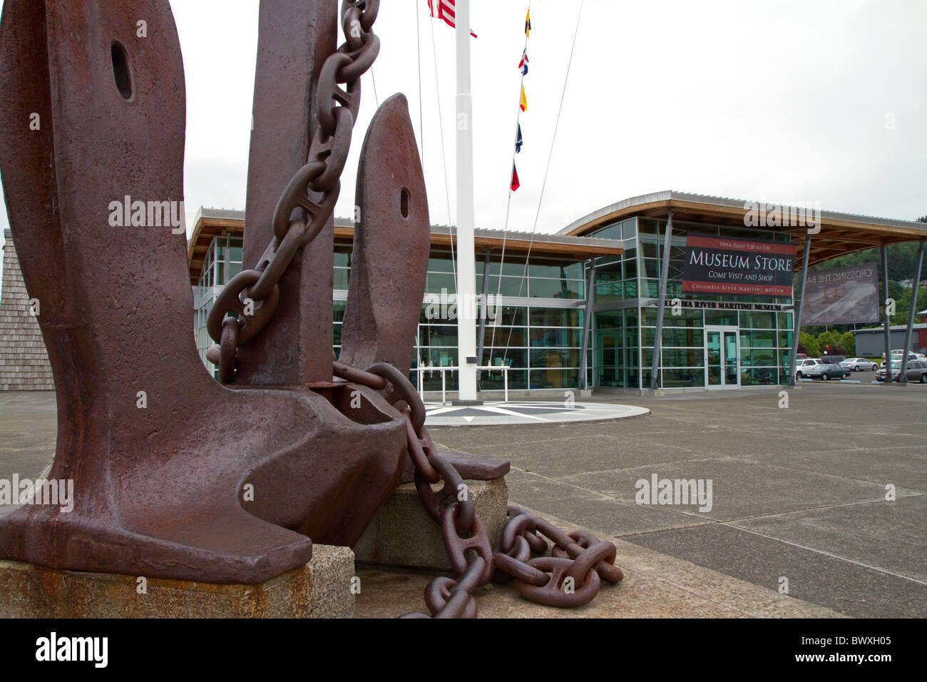 A large fluke anchor on display in front of the Columbia River Maritime Museum located in Astoria, Oregon, USA. Stock Photo