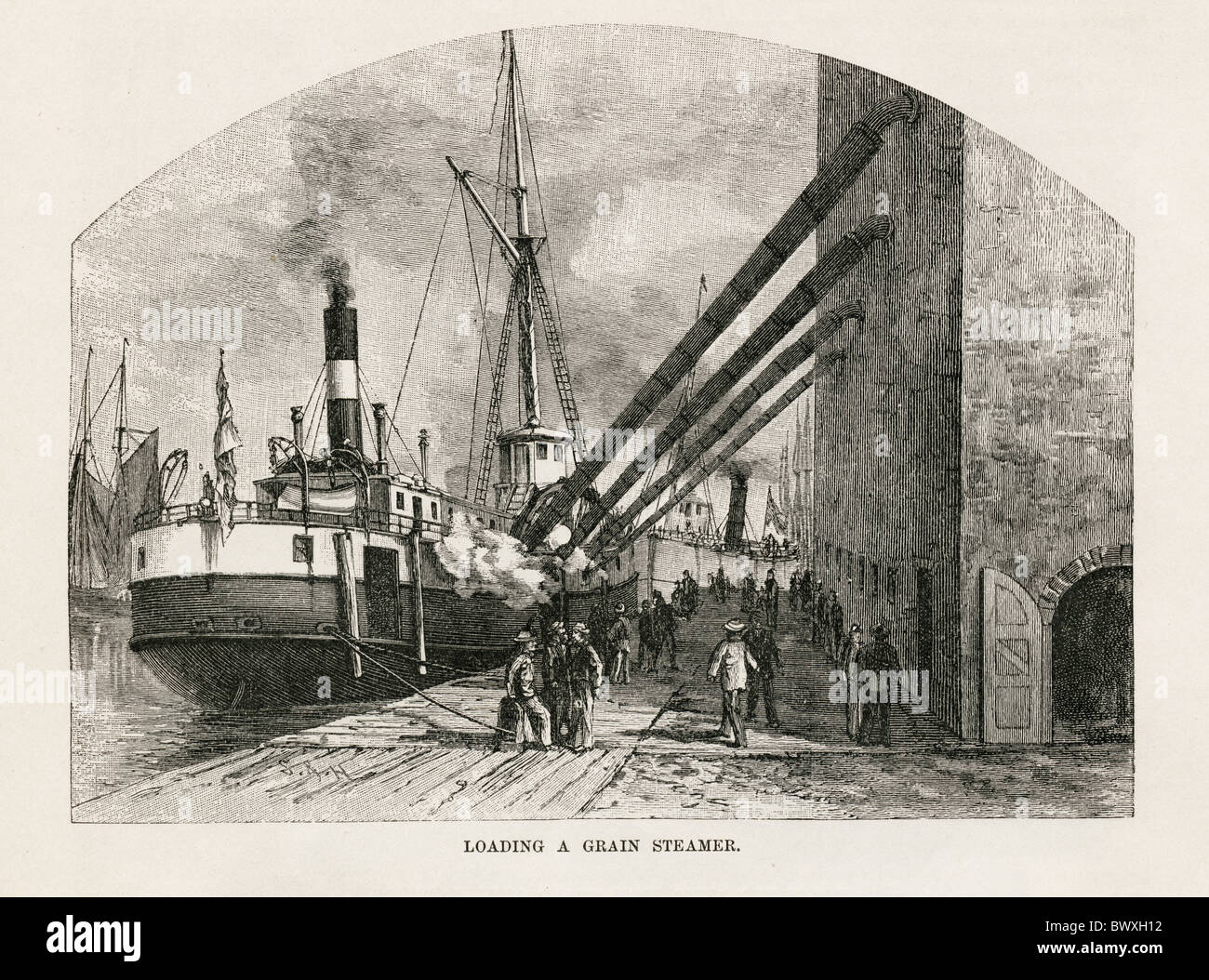 'Loading a grain steamer'. Milwaukee, Wisconsin. Originally published in April 1881 edition of Harper's New Monthly Magazine. Stock Photo