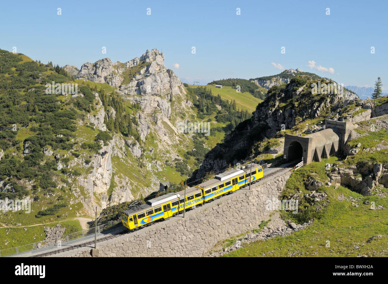 Uphill going train of the Wendelstein cog railroad just under the