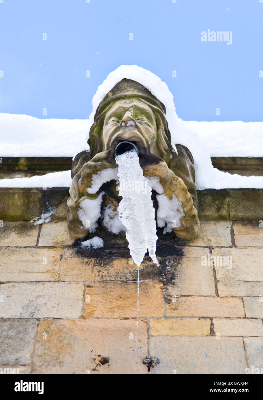 Frozen roof drainage pipe coming out of the mouth of a church gargoyle Stock Photo